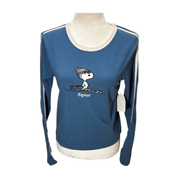 FOREVER 21 Long Sleeve T-shirt Snoopy Skiing Blue White Stripes Cropped Large - Picture 1 of 8